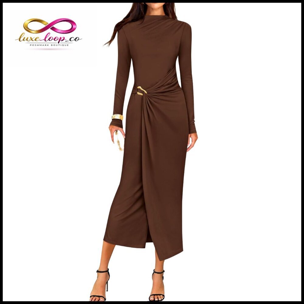 Long Sleeve Bodycon Midi Dress Mock Neck Wedding Guest Cocktail Party
